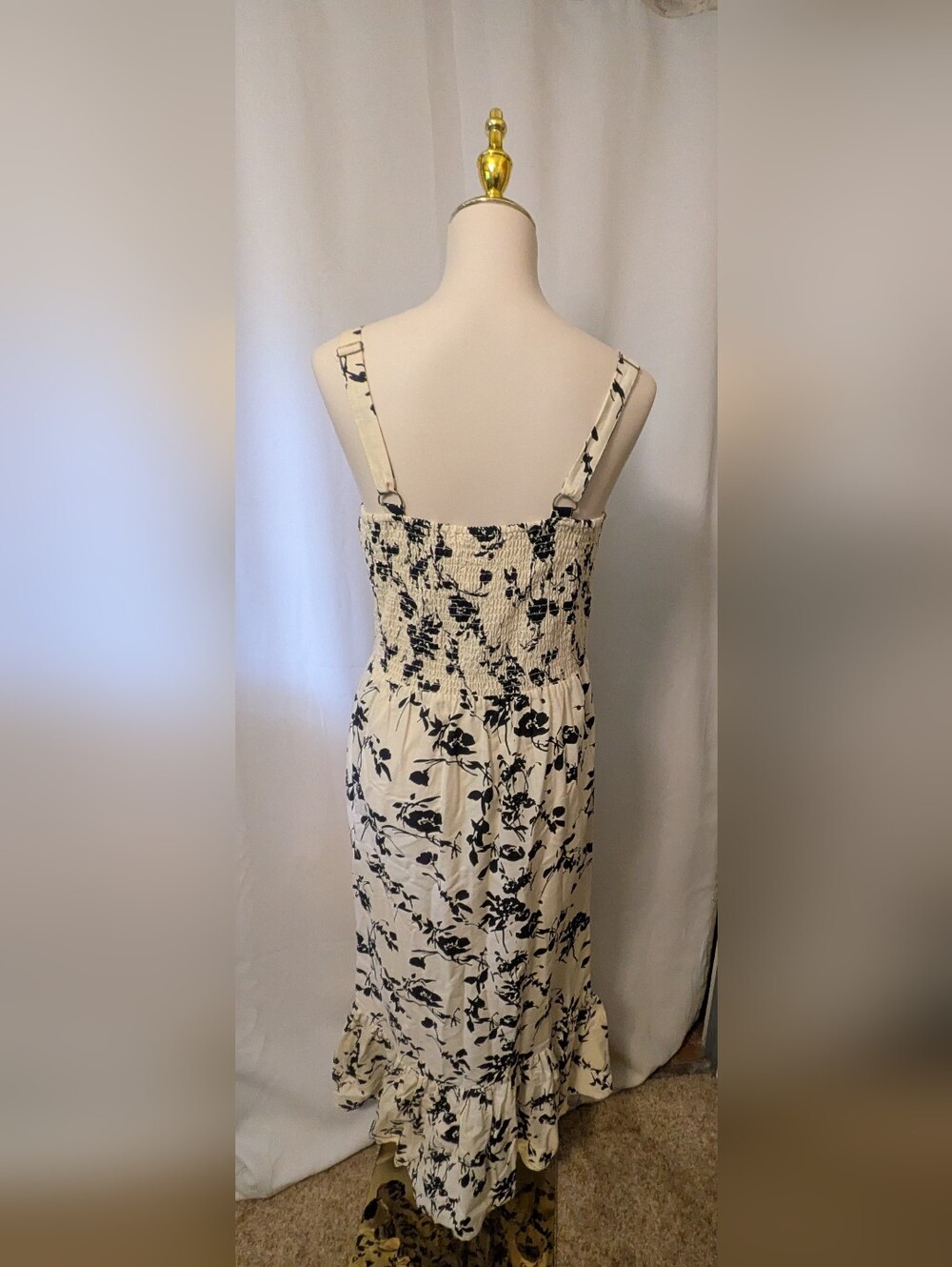 Cream and Black Floral Midi Dress with Ruffle Hem Cotton NWT - Picture 6 of 11